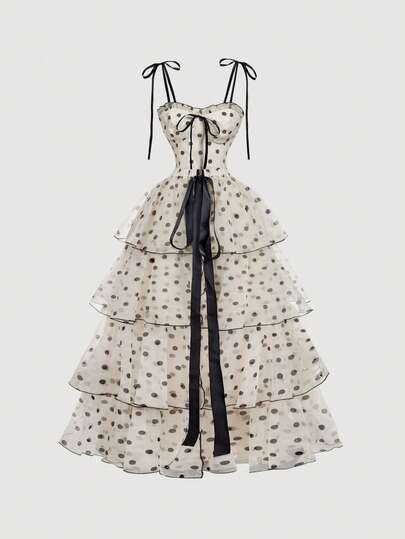 SHEIN MOD 复古波尔卡圆点印花华丽二合一连衣裙，配有可拆卸多条裙子 - 宫廷风格、生日礼服、巡航礼服、堆叠礼服