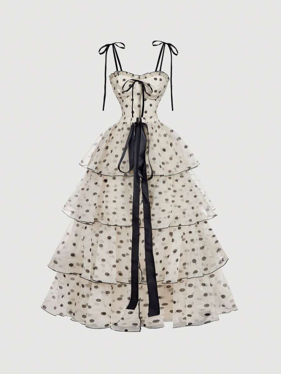 SHEIN MOD Váy 2 trong 1 họa tiết chấm bi cổ điển tuyệt đẹp có thể tháo rời nhiều chân váy - Phong cách cung điện, Váy sinh nhật, Váy đi biển, Váy xếp ly - Màu be - Xem 1