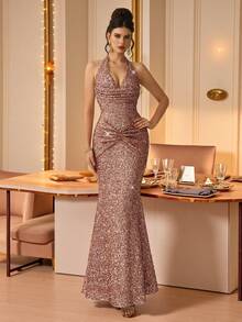 Coutiva Váy dài tay đính sequin thanh lịch, váy dạ hội cao cấp cho tiệc tối - Rượu sâm banh - Xem 5
