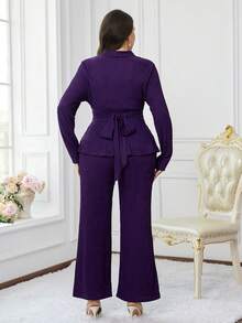 Modelyn Plus Size Women Solid Color Waist Ruched Lantern Sleeve Shirt And Flare Pants Elegant 2 Pieces Set - Purple - View 2