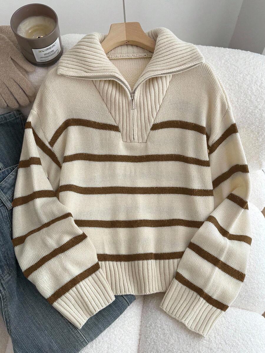 SHEIN Teen Girls' Brown & White Striped Casual School Navy Collar Pullover Long Sleeve Sweater Top, Suitable For Autumn/Winter, Clean Girl, Back To School Season