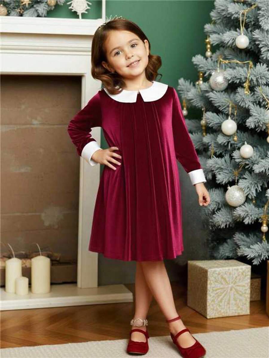 Young Girls Sweet & Cute Autumn/Winlvet Peter Pan Collar Long Sleeve Casual Princess Dress, Suitable For Christmas & Party - Red - View 1