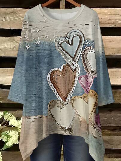 EMERY ROSE Plus Size Women's Vintage Heart Print T-Shirt,Boho Chic Tops,Asymmetrical Hem 3/4 Sleeve Fashion Fall Outfits,All-Season Loose Fit For Holiday Parties, Office & Casual Attire