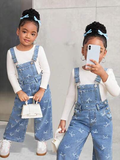 SHEIN 少女白色蝴蝶结装饰蓝色牛仔宽松背带裤