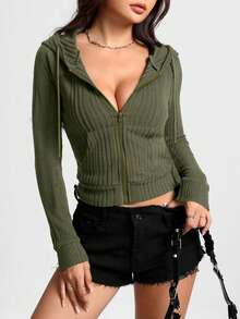 Flirla Áo hoodie có khóa kéo phía trước dành cho nữ có túi Kangaroo, áo dài tay - xanh quân đội - Xem 3