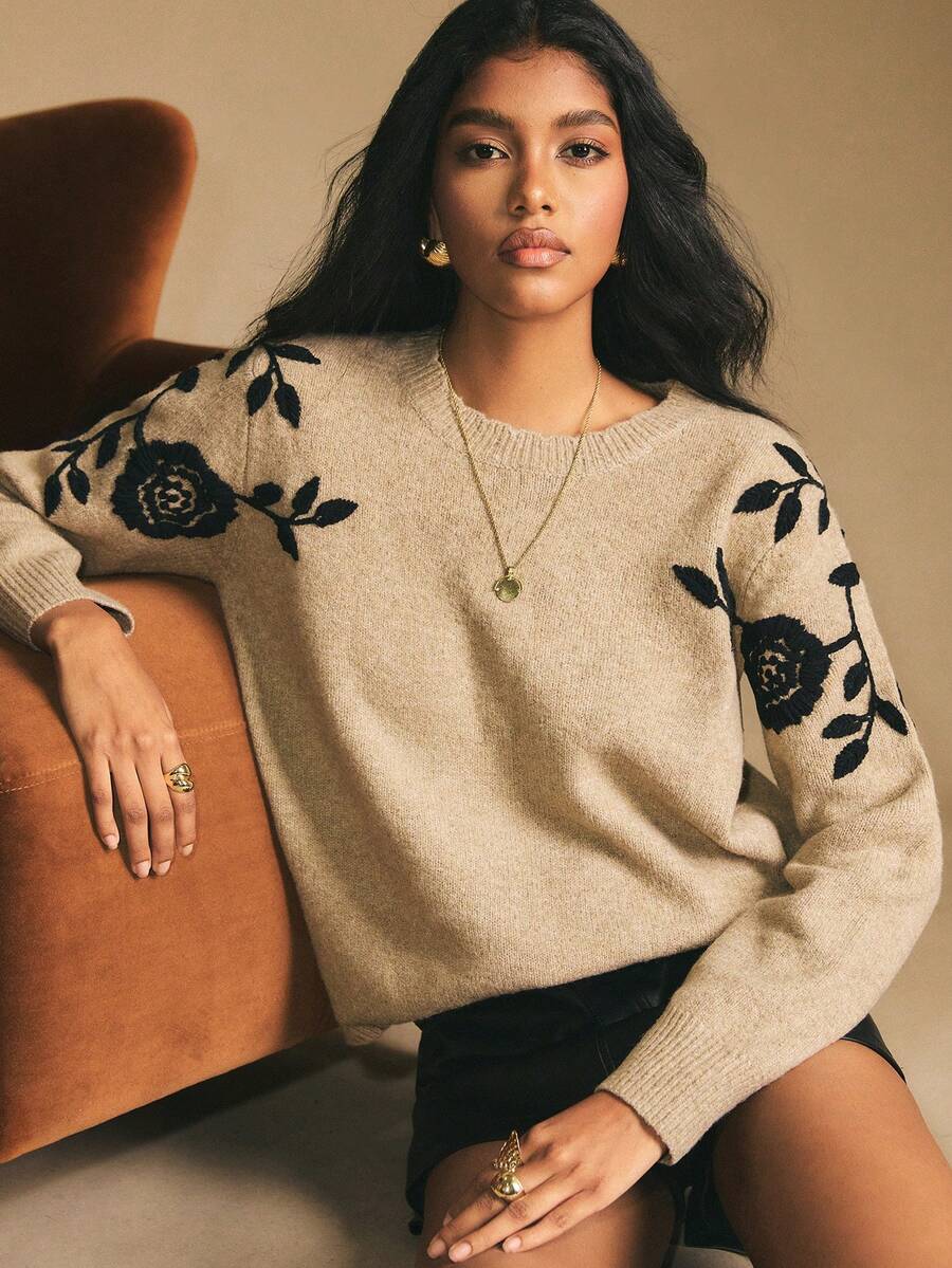 Poéselle Femmes à la mode Casual Col Rond Manches Longues Pull en Automne/Hiver, Automne, Vêtements d'Automne pour Femmes Chandail pour Femme Pulls Femme Pulls d'Automne Femmes - Kaki - Voir 1