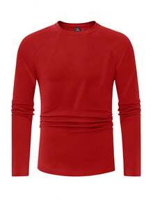 Manfinity Homme Men's Solid Color Crew Neck Long Sleeve Pleated Casual Versatile T-Shirt Red Long Sleeve Men Shirts Red Red Tops For Men - Red - View 4