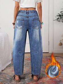 SHEIN PETITE Women's Casual Washed Flared Leg Jeans - Blue - View 2