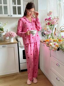 粉色甜心印花女士开襟领长袖上衣和裤子睡衣套装，粉色睡衣套装，心形睡衣套装，秋冬服装 - 粉色 - 查看 5