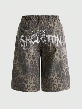 Grunge Punk Jeans a zampa di elefante con tasche e stampa leopardata, taglia comoda