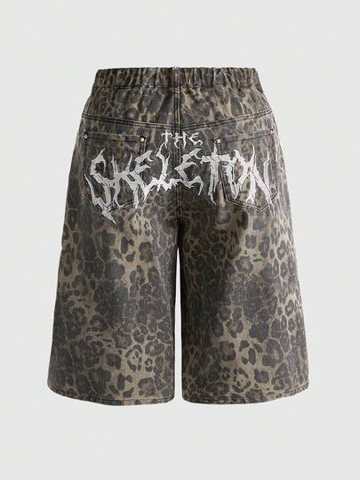 Grunge Punk Plus Size Vintage Leopard Print Pocket Flare 7/8 Length Jeans