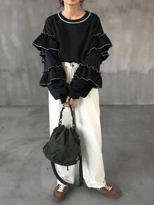 FRIFUL 女式休闲宽松多层拼接保暖内衬厚款卫衣，街头风格，秋季 - 黑色 - 查看 2