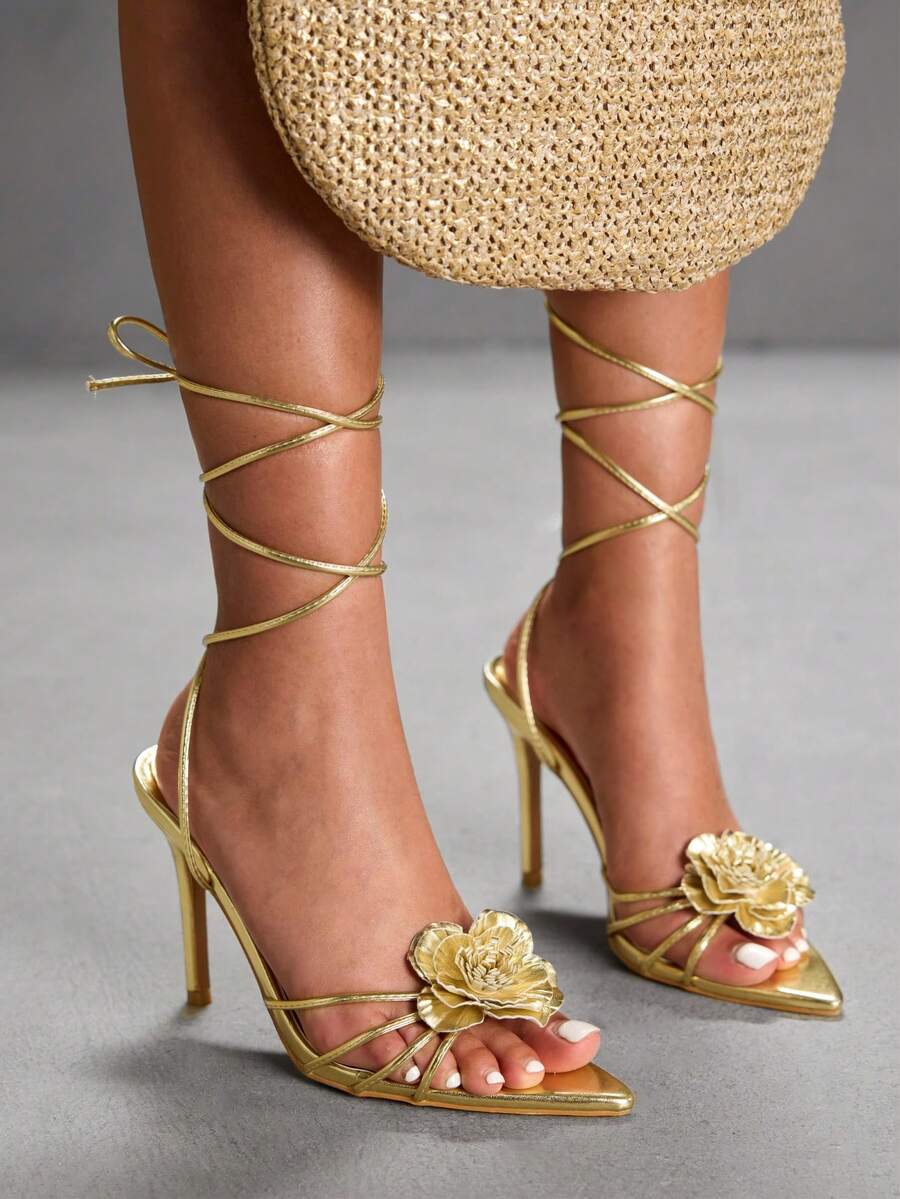 CUCCOO SZL Women's Gold Metallic Camellia Decor Lace-Up Sexy Elegant French Romantic Pointed Toe High Heel Sandals - Gold - View 1