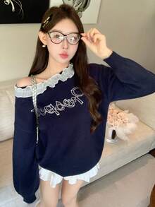 DAZY 女式拼色蕾丝拼布水钻字母图案提花宽松针织毛衣，适合秋季、冬季、新年、圣诞节 - 藏蓝色 - 查看 9