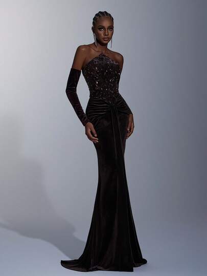 Elitara Vestido elegante, romántico, sexy, minimalista, marrón, con bordado de cuentas, de tela de terciopelo elástica, de manga larga, con bajo de sirena, de moda, para vacaciones, fiestas de cumpleaños, eventos de boda, cenas formales
