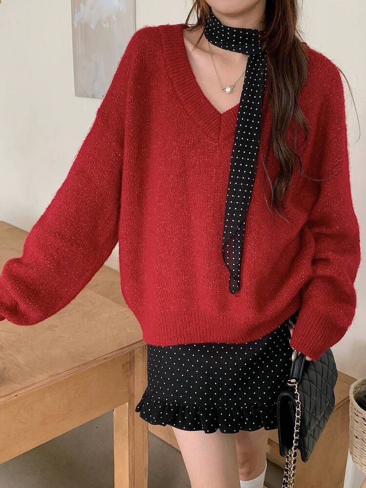 Women's V-Neck Loose Long Sleeve Pullover Casual Sweater, Christmas