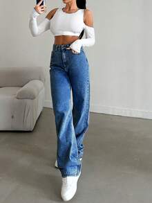 EURMUSE Quần Jeans Ống Đứng 100% Cotton Giặt Tuyết - Màu xanh lam - Xem 4