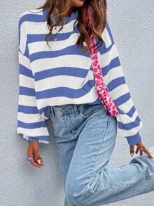 SoleilVie 女式休闲拼色条纹毛衣，秋冬 - 彩色 - 查看 4