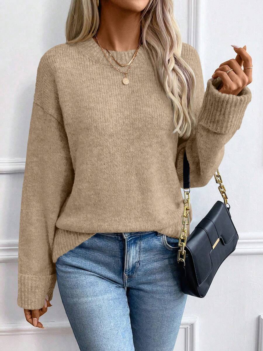EMERY ROSE Women's Khaki Round Neck Reverse Cuff Fashionable Versatile Simple Wool Blend Pullover Sweater - Khaki - View 1
