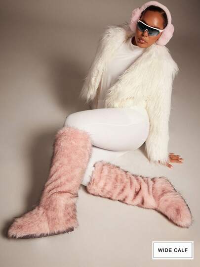 SHUZIA Women's Wide Calf Faux Fur Furry Fluffy Round Toe Winter Comfy Knee-High Boots