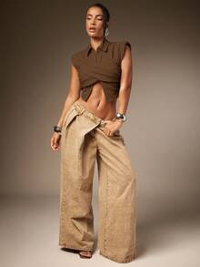 SHEIN Haute 女式性感休闲垫肩无袖衬衫交叉设计夏季上衣 - 棕色 - 查看 2