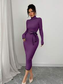 Elenzga 女式优雅高领修身罗纹蝴蝶结毛衣裙 - 紫色 - 查看 5