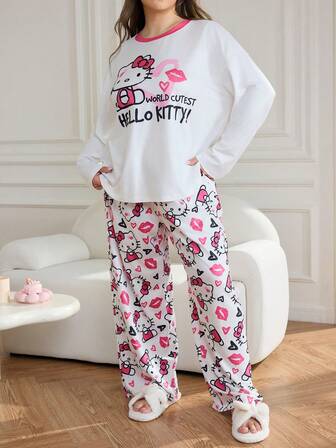 HELLO KITTY AND FRIENDS | SHEIN 大码女式春秋季可爱卡通字母印花撞色领宽松长袖上衣和裤子睡衣套装，冬季服装