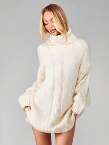 MISSGUIDED 超大号粗针织高领毛衣裙长袖冬季舒适套头迷你连衣裙 - 杏色 - 查看 3
