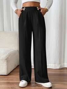 SHEIN Frenchy 1pc Women's Straight Leg Double-Buckle Elegant Office Wear Pants Winter Black Casual Spring