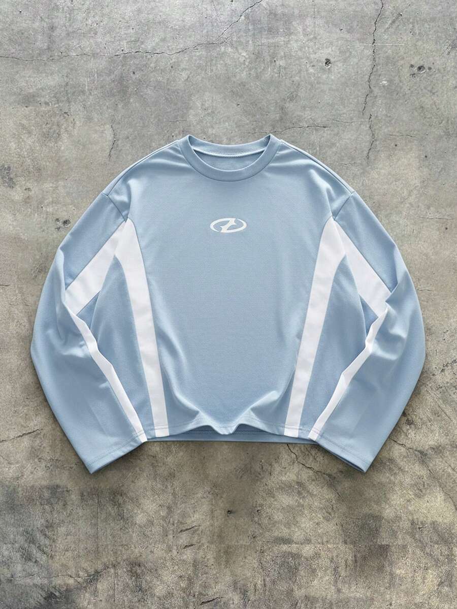 AXEPEAK Men's Geometric Print Crew Neck Casual Loose Long Sleeve T-Shirt - Blue - View 1