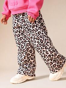 SUMWON Girls Boxy Pink Sweatshirt With Raised Text Design Pullover And Leopard Print Sweatpants Crew Neck Long Sleeve Top Vacation - Multicolor - View 4