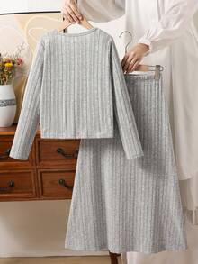 SHEIN 3pcs/Set Casual Loose Textured Fabric Long Sleeve Top, Camisole, And A-Line Skirt Set For Teenage Girls - Grey - View 5