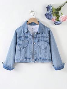 Sparklyn Tween Girls Y2K Style Denim Jacket And Coat, Vintage Light Blue Denim Color, Heart-Shaped Pocket, Fitted Silhouette, Comfortable Soft Fabric, Versatile For Daily, School And Commute, Spring/Summer/Autumn/Winter