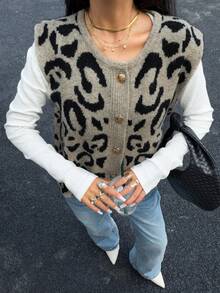 女士豹纹圆领单排扣休闲针织背心，秋冬季毛衣背心 - 彩色 - 查看 5