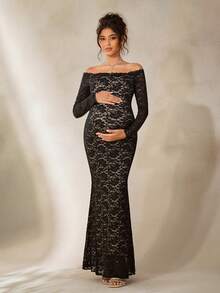 Cheriluna Maternity Đầm bầu màu đen ren thanh lịch, trễ vai, ôm sát, dáng đuôi cá, thích hợp cho chụp ảnh. - màu đen - Xem 5