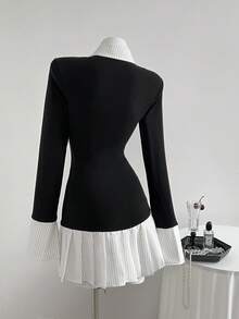 Elamini Váy xếp ly kẻ sọc chắp vá 2 trong 1 dành cho nữ, thanh lịch, cổ điển, đi làm, trở lại trường - Đen và trắng - Xem 2