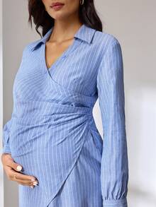 MaterniWear 孕妇休闲条纹腰部不对称下摆长袖连衣裙，秋季 - 藍色 - 查看 5