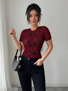 Elenzga Blusa de mujer con tejido de cuerda hueco y lazo decorativo, adecuada para la playa - Burdeos - Ver 4