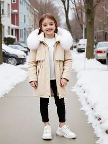 女童宽松收腰中长款冬季夹克 - 杏色 - 查看 6