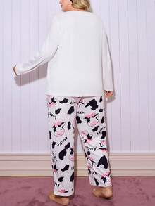 SHEIN Conjunto de Pijama Estampa de Vaca com Laço Fofo Plus Size, Conjunto de Pijama de Vaca Moo Moo para Mulheres, Roupa de Dormir, Pijamas Estampa de Vaca Fofos, Pijamas Cartoon para Mulheres, Roupas de Outono e Inverno - Multicolorido - Visão 2