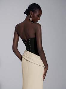 Elitara 优雅、浪漫、性感、简约、深紫红色、撞色粉色、斜纹面料、鱼尾下摆、拖尾、时尚、影响者、节日、度假、生日派对、婚礼活动、正式晚礼服 - 黑與白 - 查看 3