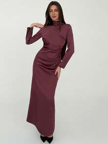 Aloruh Women's Backless Ruched Waist Fishtail Maxi Dress, Autumn/Winter Burgundy - Burgundy - View 4