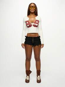 SUMWON WOMEN Distressed Denim Hot Pants With Frayed Hem And Zip Front Closure For Summer Festival Casual Wear