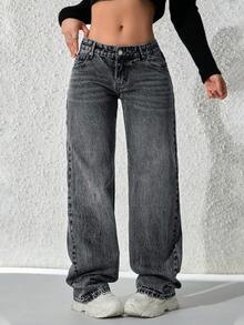 SHEIN ICON Jeans rectos de tiro bajo lavados para mujer - Negro - Ver 5