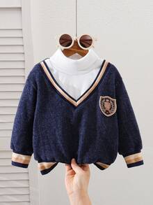SHEIN Baby Boy V-Neck 2 In 1 Knitted Sweater, High Collar Knit Pullover For Autumn/Winter - Navy Blue - View 4