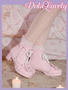 Dola Lovely 女士粉色洛丽塔风格蝴蝶结珍珠链条踝靴，蕾丝装饰，优雅中跟系带靴，洛丽塔时尚，适合作为圣诞节、万圣节、感恩节礼物，秋冬季穿着 - 粉色 - 查看 4