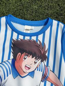 Captain Tsubasa X SHEIN 2pcs/Set Young Boy Sports Casual Figure Graphic Crew Neck Long Sleeve Sweatshirt And Pants Knit Suit, Blue - Blue - View 7