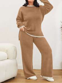 EURMUSE Color Block Edged Long Sleeve Sweater And Knitted Pants Two Pieces Set - Camel - View 4