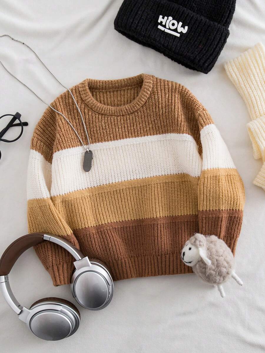 Suéter grueso de punto con patchwork de rayas anchas de color contrastante, versátil para niños pequeños, adecuado para la escuela y el uso en el hogar en otoño/invierno - Marrón Chocolate - Ver 1