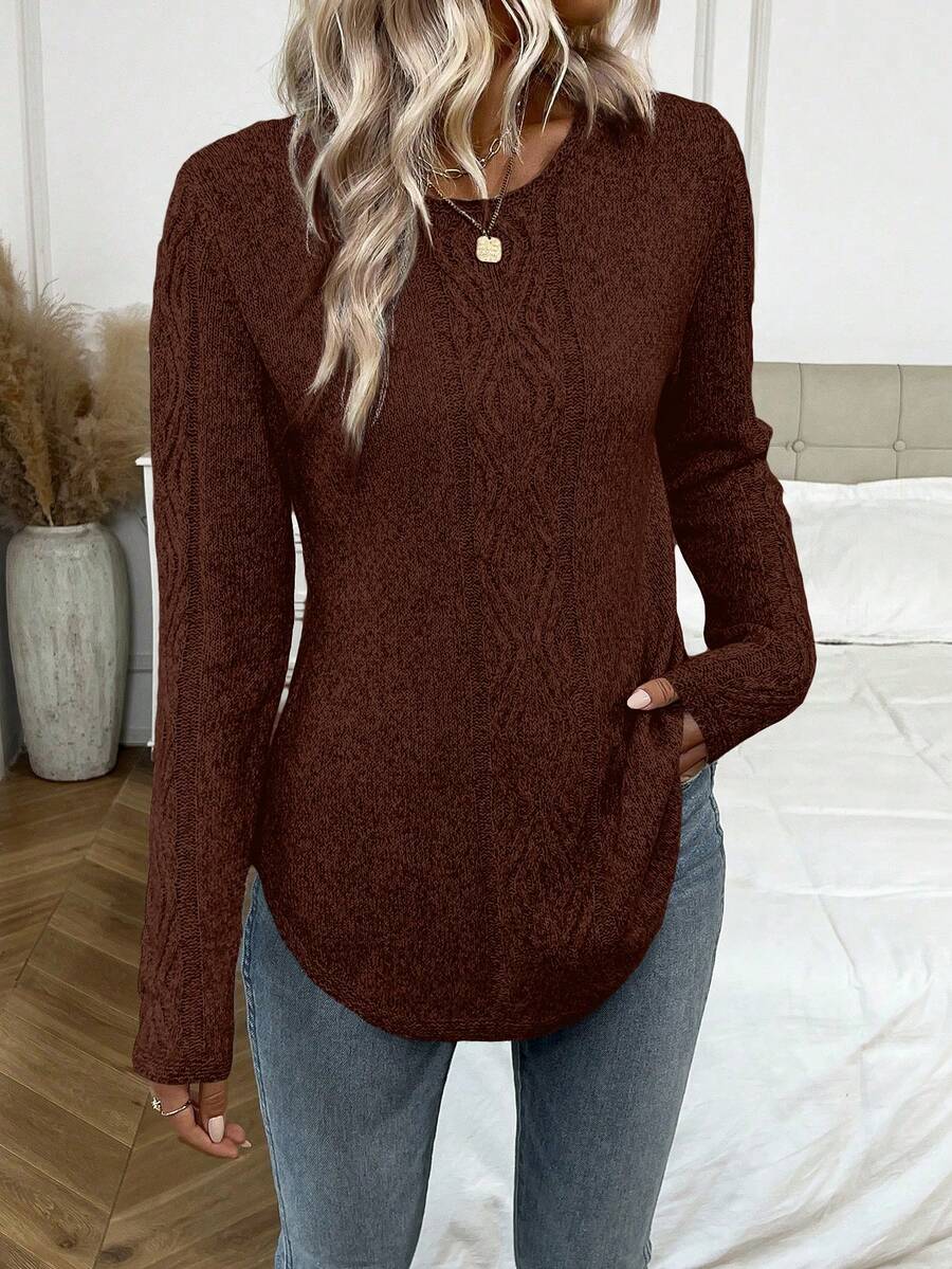 EMERY ROSE Women's Elegant Cable Pattern Crew Neck Long Sleeve Sweater, Autumn/Winter - Rust Brown - View 1